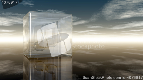 Image of music note in glass cube under cloudy sky - 3d rendering