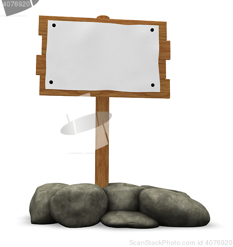 Image of wooden sign and stones - 3d illustration