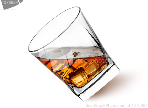 Image of Whiskey with ice in a tilted glass