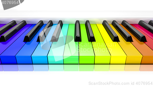 Image of piano with rainbow colored keys background