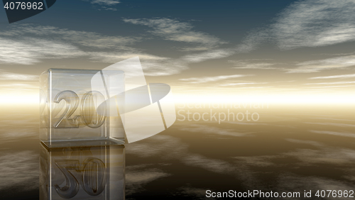 Image of number twenty in glass cube under cloudy sky - 3d rendering