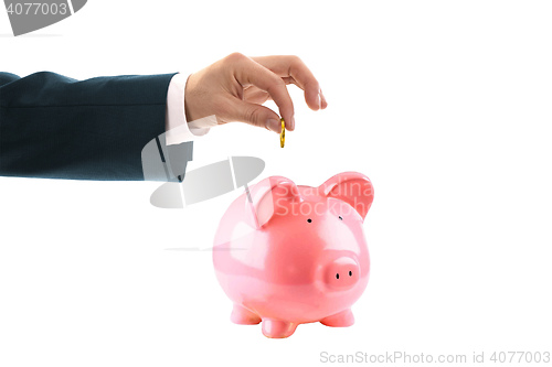 Image of Piggy bank and hand with coin