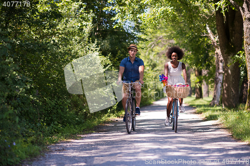 Image of Young multiethnic couple having a bike ride in nature