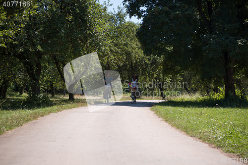 Image of Young multiethnic couple having a bike ride in nature