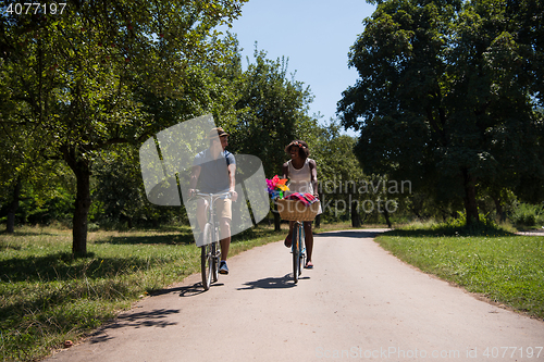 Image of Young multiethnic couple having a bike ride in nature