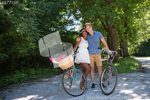 Image of Young multiethnic couple having a bike ride in nature