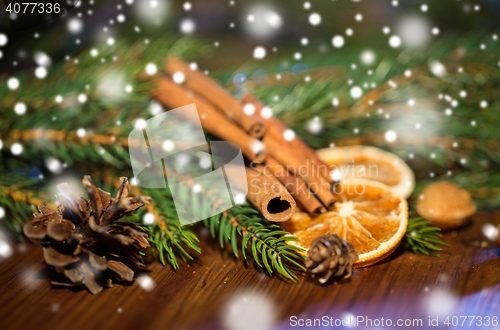 Image of christmas fir branch, cinnamon and dried orange