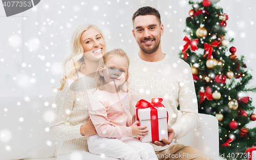 Image of happy family at home with christmas gift box