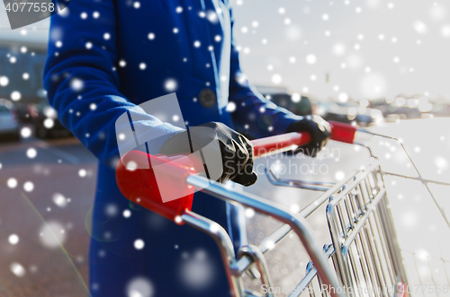 Image of close up of woman with shopping cart on street