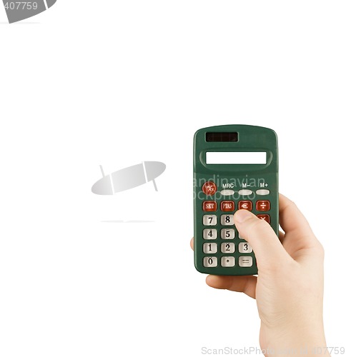 Image of business financial calculator machine hold in woman hand