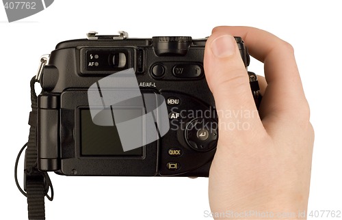 Image of Digital Camera photo in a hand isolated on withe background. lcd screen and background can be easily edited