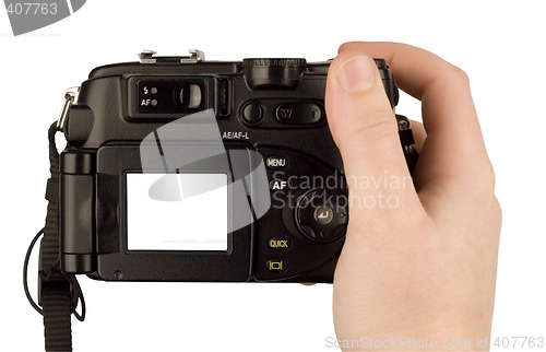 Image of Digital Camera photo in a hand isolated on withe background. lcd screen and background can be easily edited