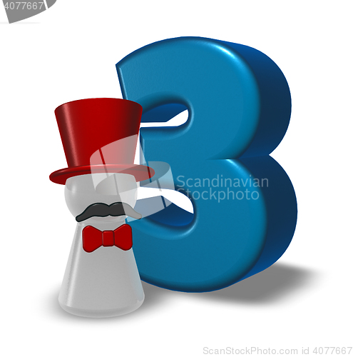 Image of number three and pawn with hat and beard - 3d rendering