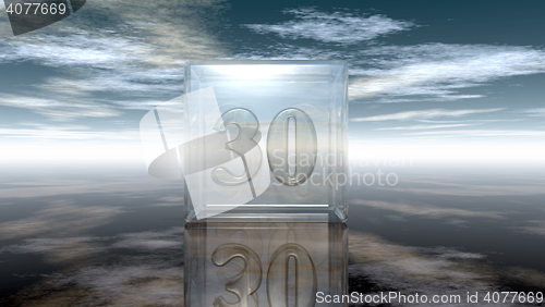 Image of number thirty in glass cube under cloudy sky - 3d rendering