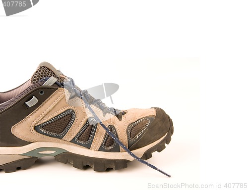 Image of clothes hiking boots or shoes isolated on a withe background made of leather and waterproof and breathable membrane