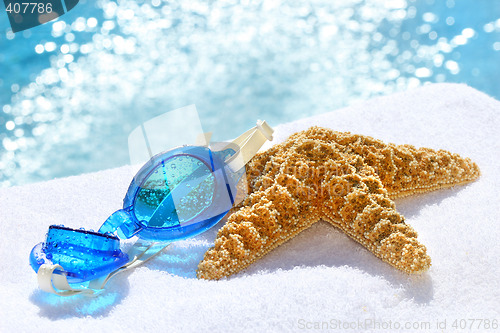 Image of Blue goggles on a white towel