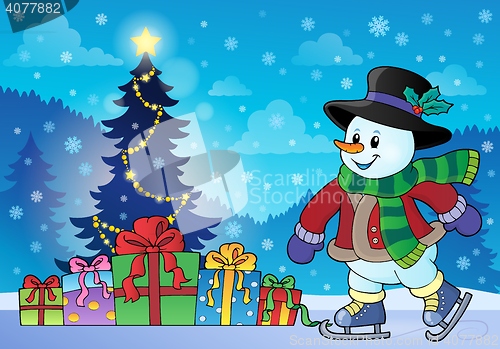 Image of Snowman near Christmas tree theme 2