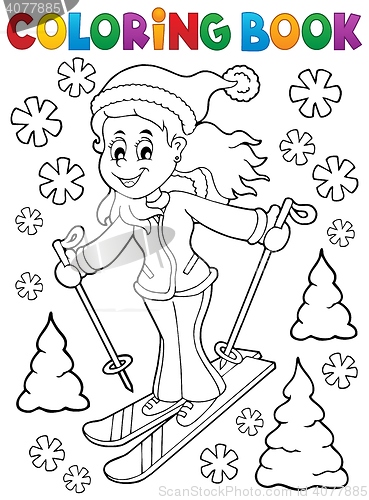Image of Coloring book skiing woman theme 1