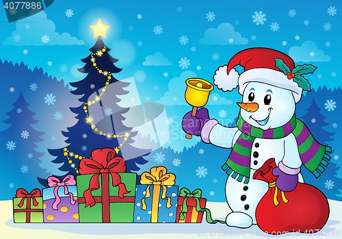 Image of Snowman near Christmas tree theme 3