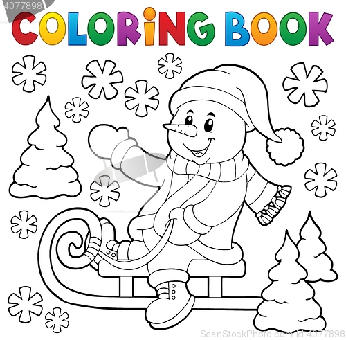 Image of Coloring book snowman on sledge theme 1