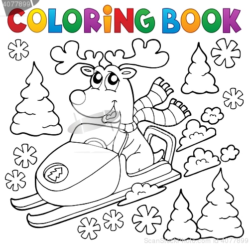 Image of Coloring book reindeer in snowmobile