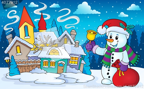 Image of Christmas snowman in winter scenery