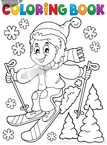 Image of Coloring book skiing boy theme 1