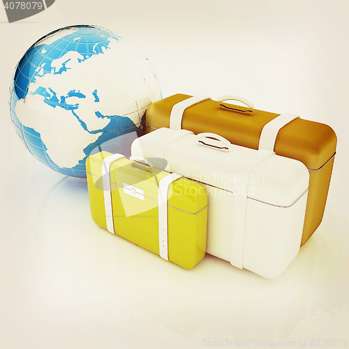 Image of travel bags and earth on white . 3D illustration. Vintage style.
