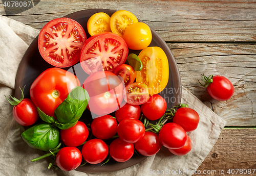 Image of plate of various colorful tomatoes