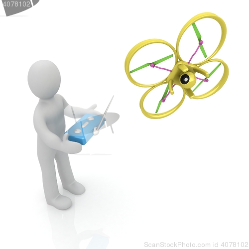 Image of 3d man with drone, quadrocopter, with photo camera. 3d render. 3