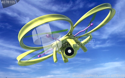 Image of Drone, quadrocopter, with photo camera against the sky. 3D illus