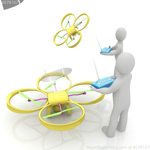 Image of 3d man with drone, quadrocopter, with photo camera. 3d render. 3