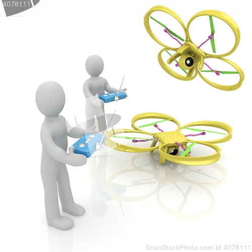 Image of 3d man with drone, quadrocopter, with photo camera. 3d render. 3