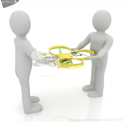 Image of 3d man with drone, quadrocopter, with photo camera. 3d render. 3