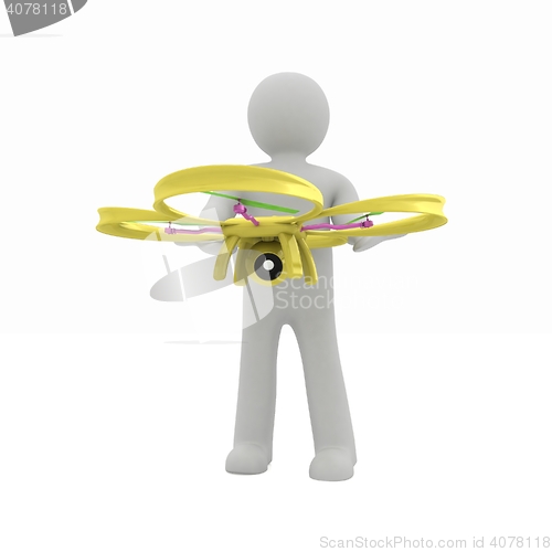 Image of 3d man with drone, quadrocopter, with photo camera. 3d render. 3