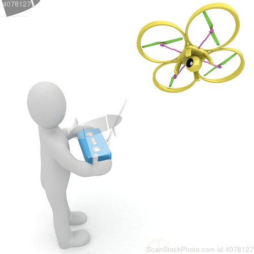 Image of 3d man with drone, quadrocopter, with photo camera. 3d render. 3