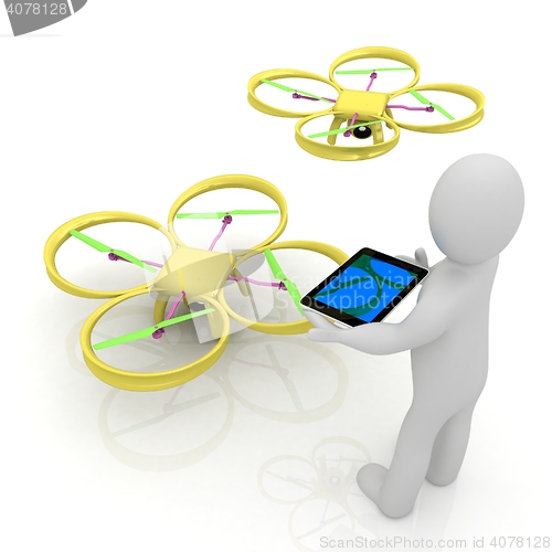 Image of 3d white people. Man flying a white drone with camera. 3D render