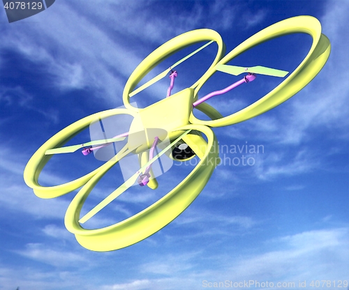 Image of Drone, quadrocopter, with photo camera against the sky. 3D illus