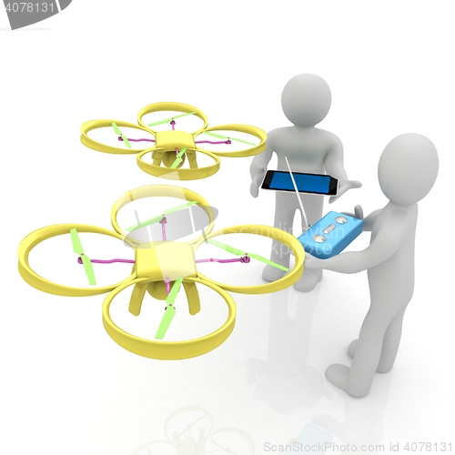 Image of 3d white people. Man flying a white drone with camera. 3D render