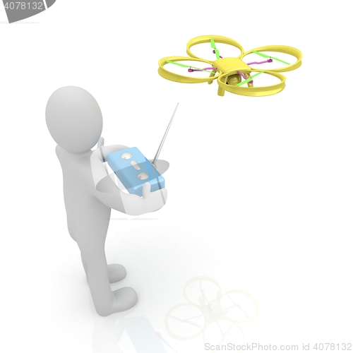 Image of 3d man with drone, quadrocopter, with photo camera. 3d render. 3