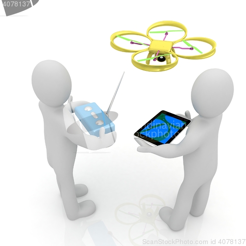 Image of 3d white people. Man flying a white drone with camera. 3D render