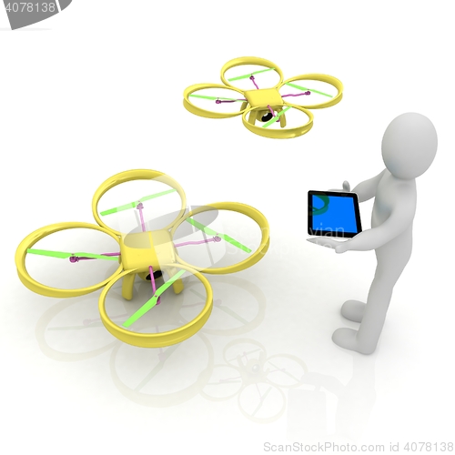 Image of 3d white people. Man flying a white drone with camera. 3D render