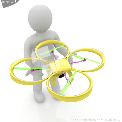 Image of 3d man with drone, quadrocopter, with photo camera. 3d render. 3