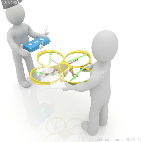 Image of 3d man with drone, quadrocopter, with photo camera. 3d render. 3