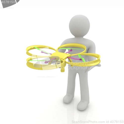 Image of 3d man with drone, quadrocopter, with photo camera. 3d render. 3