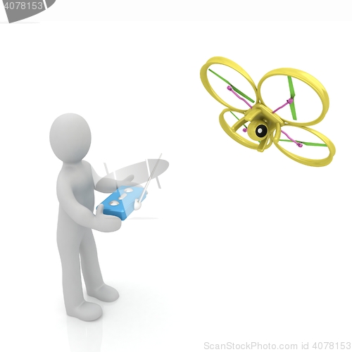 Image of 3d man with drone, quadrocopter, with photo camera. 3d render. 3