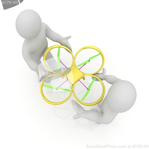 Image of 3d man with drone, quadrocopter, with photo camera. 3d render. 3