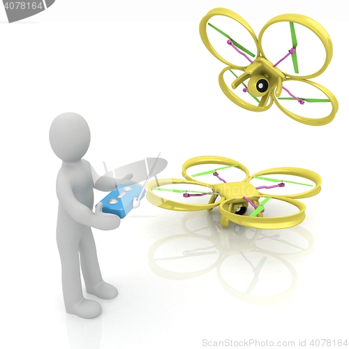 Image of 3d man with drone, quadrocopter, with photo camera. 3d render. 3