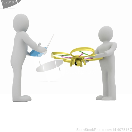 Image of 3d man with drone, quadrocopter, with photo camera. 3d render. 3