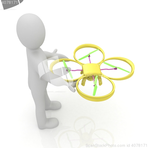 Image of 3d man with drone, quadrocopter, with photo camera. 3d render. 3